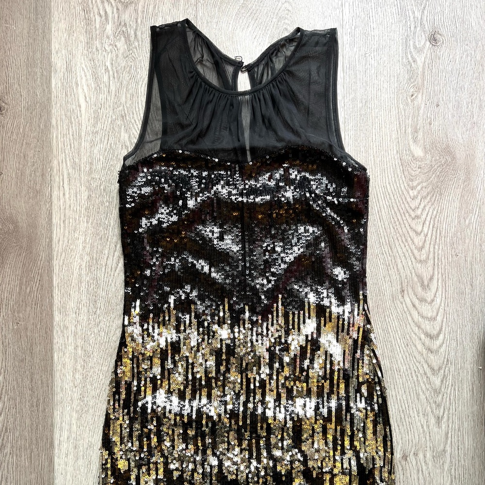 Bebe Dress Black and Gold Sequins Mini